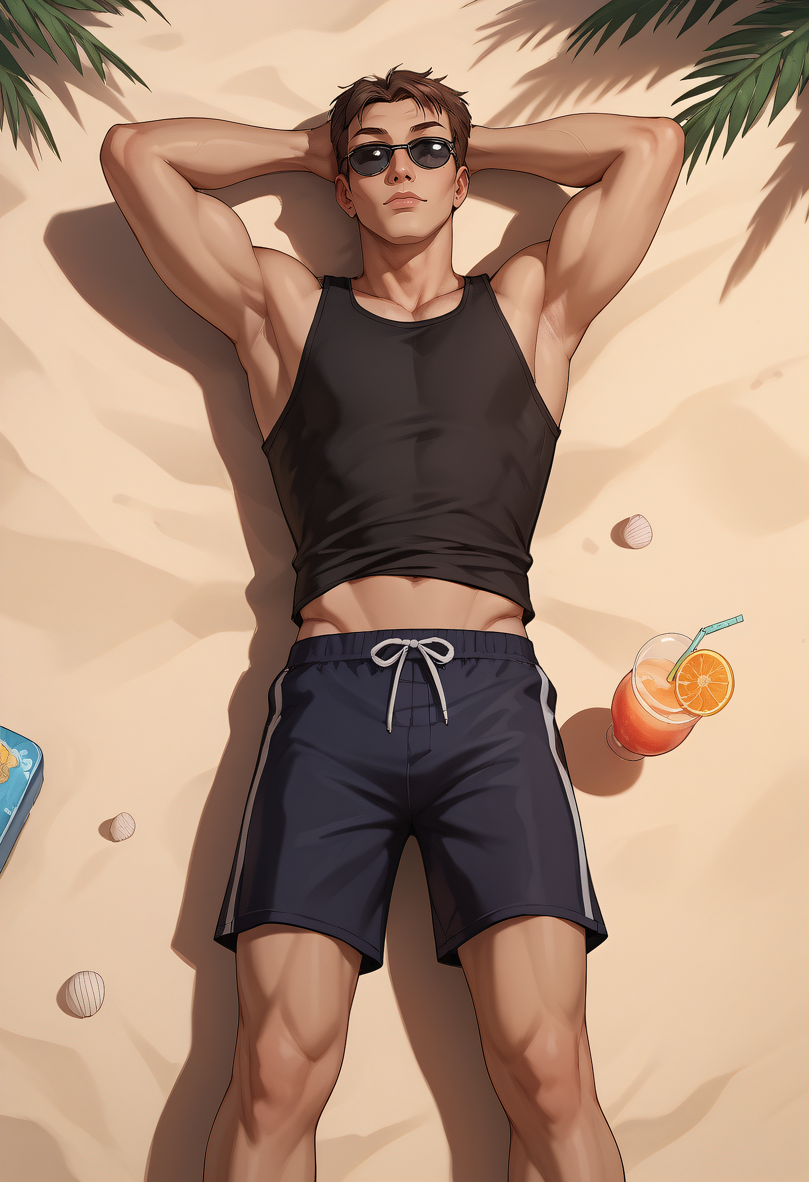 embedding:Pony\Positive\zPDXL3, score_9, score_8_up, score_7_up, 1boy, timscam_ts!, brown hair, short hair, green eyes, black tank top, armpit, swim trunks, black sunglasses, arms behind head, lying, on back, beach, sand, palm trees, tropical drink, relaxing, from above, aerial shot, best quality, high resolution, masterpiece.
