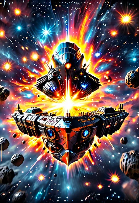 high quality, 8K Ultra HD, highly realistic, The great and sleek black ship is moving forward, blasting through space. It has powerful cannons facing forward that are unleashing powerful blue energy weapon blasts upon an unseen foe. Embark on an enchanting 8K photorealistic journey as a magnificent starship blasts through a star system.  The ship gracefully flies among other ships. The starship's design boasts advanced technological elements. The camera captures every minute detail, by VelvetS, octane render,from slightly to the side.  perfectly symmetrical ship.  Weapons fire blue energy beams.  IT is shooting Blue energy beams, deep space
<lora:DonM3t3rn1tyXL-v1.1:0.7>, DonM3t3rn1tyXL,
OverallDetailXL  <lora:MJ52:0.3>  <lora:SDXLFaeTastic2400:0.4>