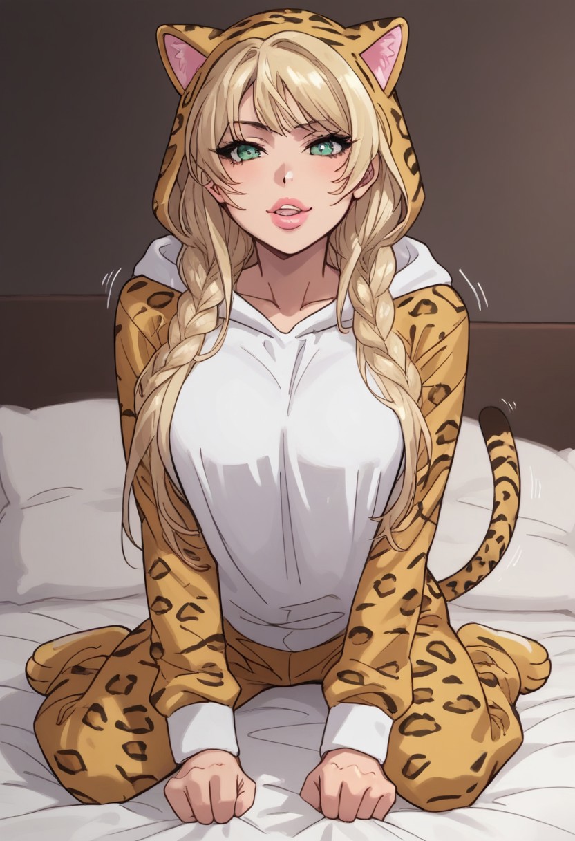 score_9, score_8_up, score_7_up, score_6_up, score_5_up, score_4_up,  source_anime, masterpiece, kitty onesie, animal costume, hood, tail, solo, leopard spots, leopard print, cat costume, animal print, perfect face, perfect eyes, 4ng3l face, 1girl, sexy girl, (pouty lips), full lips, mai sakurajima, large breasts, braided pigtails, long hair, bangs, blonde, green eyes, looking at viewer, solo, sexy, glamor, sexy pose, flirty, seductive, seductive expression, horny, aroused, naughty face, motion lines,  on bed, kneeling, cat paw hands,