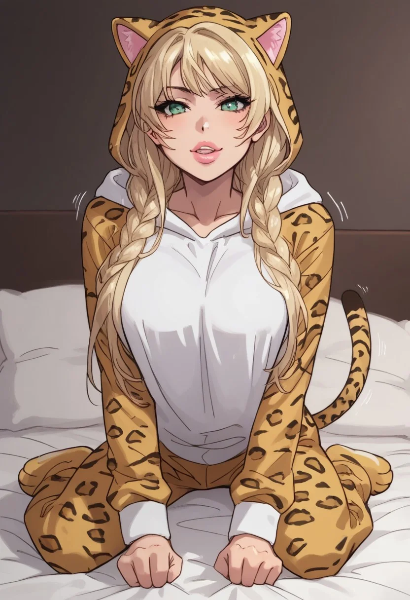 score_9, score_8_up, score_7_up, score_6_up, score_5_up, score_4_up, source_anime, masterpiece, kitty onesie, animal costume, hood, tail, solo, leopard spots, leopard print, cat costume, animal print, perfect face, perfect eyes, 4ng3l face, 1girl, sexy girl, (pouty lips), full lips, mai sakurajima, large breasts, braided pigtails, long hair, bangs, blonde, green eyes, looking at viewer, solo, sexy, glamor, sexy pose, flirty, seductive, seductive expression, horny, aroused, naughty face, motion lines, on bed, kneeling, cat paw hands,