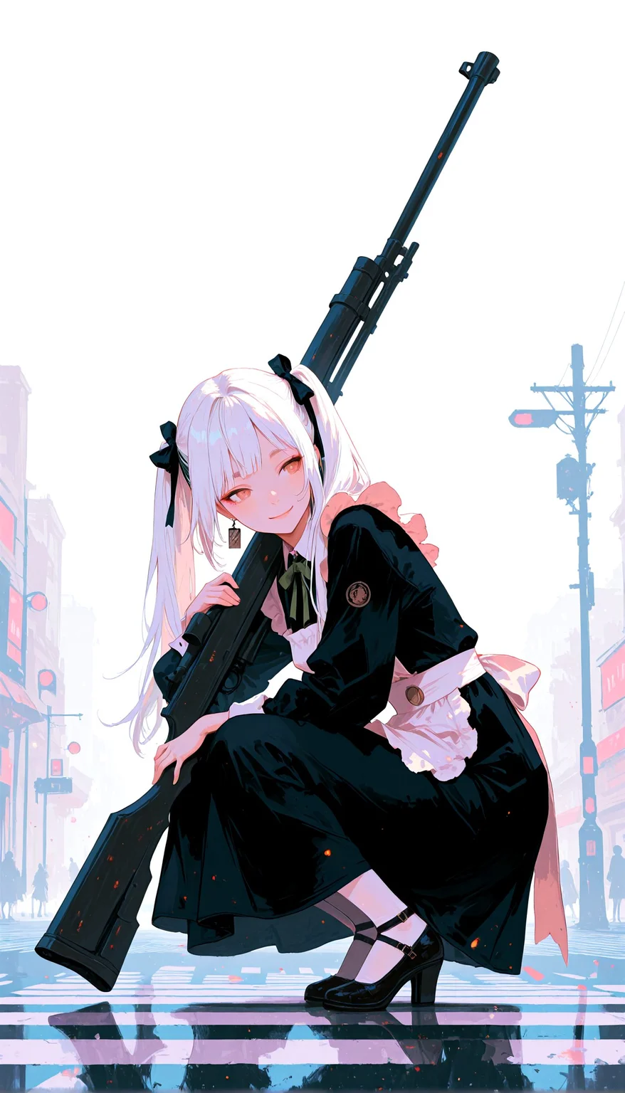 masterpiece, best quality, amazing quality, very aesthetic, newest,
1girl, solo, squatting, carrying a very large rifle, hold a long gun,
maid costume, twin tails, white hair, long hair, ribbon, black dress, skirt, white stockings, apron, smile, Full body,
<lora:illustrious_all_rated_v1:0.5> <lora:ppw_v7_noobE11_6_r2_0.05:0.6>
BREAK
crosswalk,
<lora:69yottea_illu_v2:0.6> 69yottea_style_illu
<lora:wasabi_natsume_style_r1:0.4> wasabi_natsume_illu, abstract, surreal,
<lora:Karlanan_Style:0.8>