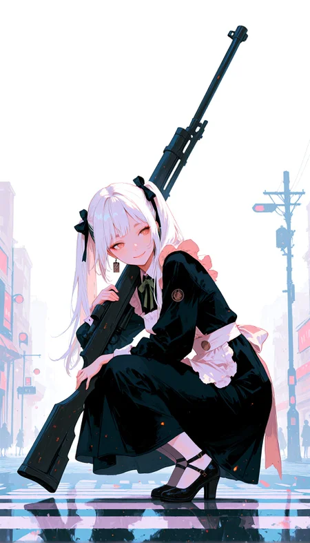 masterpiece, best quality, amazing quality, very aesthetic, newest,
1girl, solo, squatting, carrying a very large rifle, hold a long gun,
maid costume, twin tails, white hair, long hair, ribbon, black dress, skirt, white stockings, apron, smile, Full body,
<lora:illustrious_all_rated_v1:0.5> <lora:ppw_v7_noobE11_6_r2_0.05:0.6>
BREAK
crosswalk,
<lora:69yottea_illu_v2:0.6> 69yottea_style_illu
<lora:wasabi_natsume_style_r1:0.4> wasabi_natsume_illu, abstract, surreal,
<lora:Karlanan_Style:0.8>
