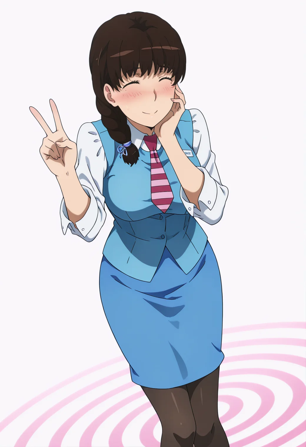 anime screencap, anime coloring, 1girl, solo, mature female <lora:DX888KomachiIL:1> takamiya komachi, mole under eye, ^_^, blush, , brown hair, single braid,
office lady, necktie, uniform, pencil skirt, pantyhose BREAK simple background, white background, spiral background, BREAK, dutch angle, dynamic pose, posing, v,hand on own cheek, from above, upper body,