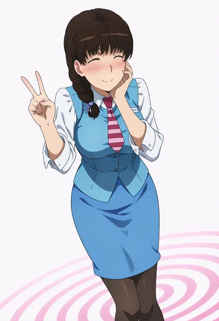 anime screencap, anime coloring, 1girl, solo, mature female <lora:DX888KomachiIL:1> takamiya komachi, mole under eye, ^_^, blush,  , brown hair, single braid, 
office lady, necktie, uniform, pencil skirt, pantyhose BREAK  simple background,  white background, spiral background, BREAK,   dutch angle, dynamic pose, posing,   v,hand on own cheek, from above, upper body,