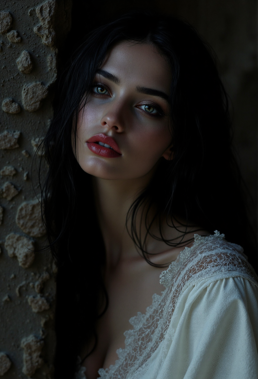 cinematic still hyperrealistic art A mesmerizing image capturing the essence of timeless gothic dangerous beauty ---- , Her beauty was extraordinary. Her hair was black as ebony, and her large eyes had the soft, melancholy splendor that made one feel as if they could pierce the very soul. Her lips were red, full, and slightly curved, always on the edge of a secret smile. Her skin was pale, smooth as polished ivory, almost luminous in the dim light. She moved with an elegant languor, every gesture deliberate and entrancing, as if she were a dream half-formed. But there was a weight in her gaze, something ancient and heavy, that made her beauty as unsettling as it was captivating,
gothic fantasy art,austrian vampire woman , Youthful Beauty, beautifully messy long black hair,, seductive,flowing loose dress soft pale in color, cleavage, dynamic pose, , slim white body, pale skin, curvy body, athletic body, blush, slim waist, seductive image,serene, untouched beauty, clear, lively, detailed face, upper body accent,full red lips and makeup , dark soft eyes, seductive look, realistic, background of a dark a highly detailed remote dimly lit dark castle ,predatory gaze. high contrast, stark, dramatic, highly detailed,silhouette style
. emotional, harmonious, vignette, highly detailed, high budget, bokeh, cinemascope, moody, epic, gorgeous, film grain, grainy <lora:flux.1_lora_flyway_Epic-detail_v2:0.5> <lora:Sinfully_Stylish_.02_for_FLUX:0.7> <lora:aidmaFLuxPro1.1_v0.3:0.65> aidmafluxpro1.1