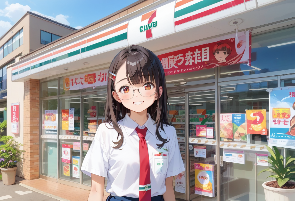 score_9, score_8_up, score_7_up, rating_safe, masterpiece, best quality, absurdres, unity 8k wallpaper, official art, official style, source_anime, uncensored, game cg, megami magazine,
1girl, solo, glasses, black hair, long hair,  collared shirt, red necktie, pleated skirt, blue skirt, looking at viewer, blush, upper body, short sleeves, smile, happy, 
seveneleven, konbini, scenery, storefront, japan, shop, scenery, outdoors, convenience store, sky, plant, sign, building, storefront, day, real world location, blue sky
 <lora:7eleven_storefront_PONY_V1:1>