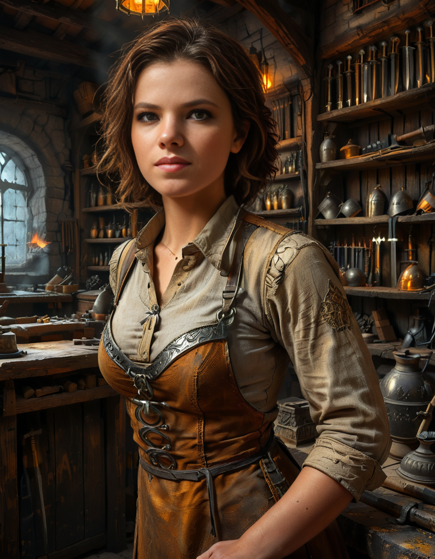 looking at viewer,(A strong and elegant female,1girl,short brown hair,medium breasts:1.3), blacksmith standing confidently in her medieval forge shop,medieval f0rg3 sh0p. She has a determined expression on her face, with soot and ash lightly marking her skin. She is wearing a thick leather apron with scorch marks, a rolled-up linen shirt underneath, and sturdy boots. Her muscular arms are visible, showing the strength of her craft. The background shows a dimly lit, rustic workshop filled with medieval tools: an anvil, a glowing furnace, hanging tongs, and shelves lined with metallic objects like swords and horseshoes. The warm orange glow of the fire contrasts beautifully with the dark, shadowy corners of the shop. The atmosphere is filled with details of realism, evoking a sense of hard work and medieval craftsmanship.<lora:SDXLFaeTastic2400:0.4> <lora:extremely_detailed:0.4> extremely detailed, <lora:medieval_f0rg3_sh0p:1>, Masterpiece,best quality,hi res,8k,hi res,8k,award winning,(sharp focus, intricate, highly detailed),
