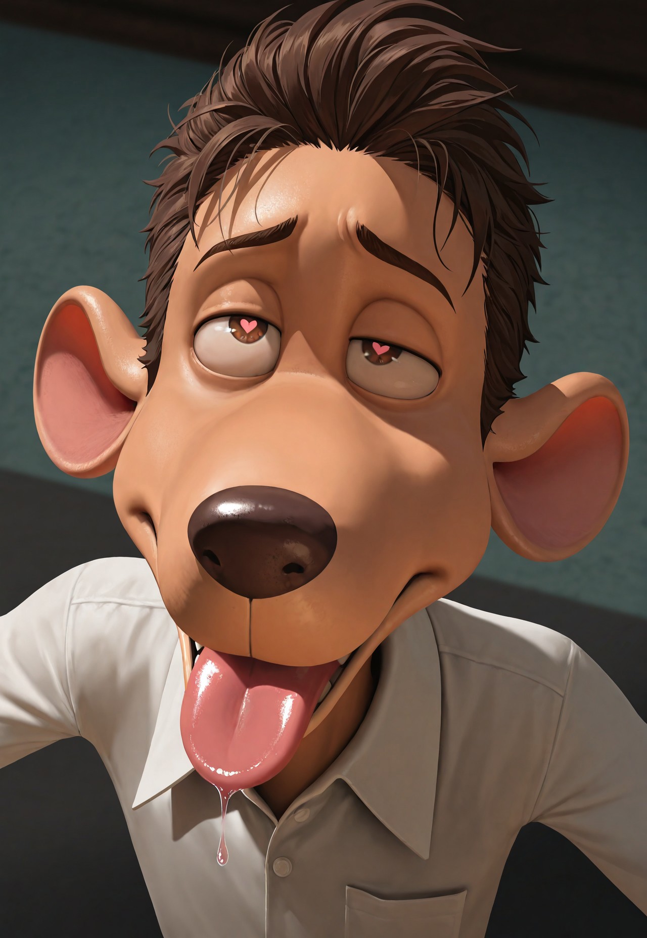 masterpiece, best quality, amazing quality, detailed background, intricate details, dynamic, cinematic, animated, anime realistic shading, solo, male focus, 1boy, handsome, r0bby, furry, rat boy, brown hair, sleek hair, brown eyes, collared shirt, panos, ikigao, tongue out, saliva drool, heart shaped pupils, eye roll, abstract background, high angle, from above
