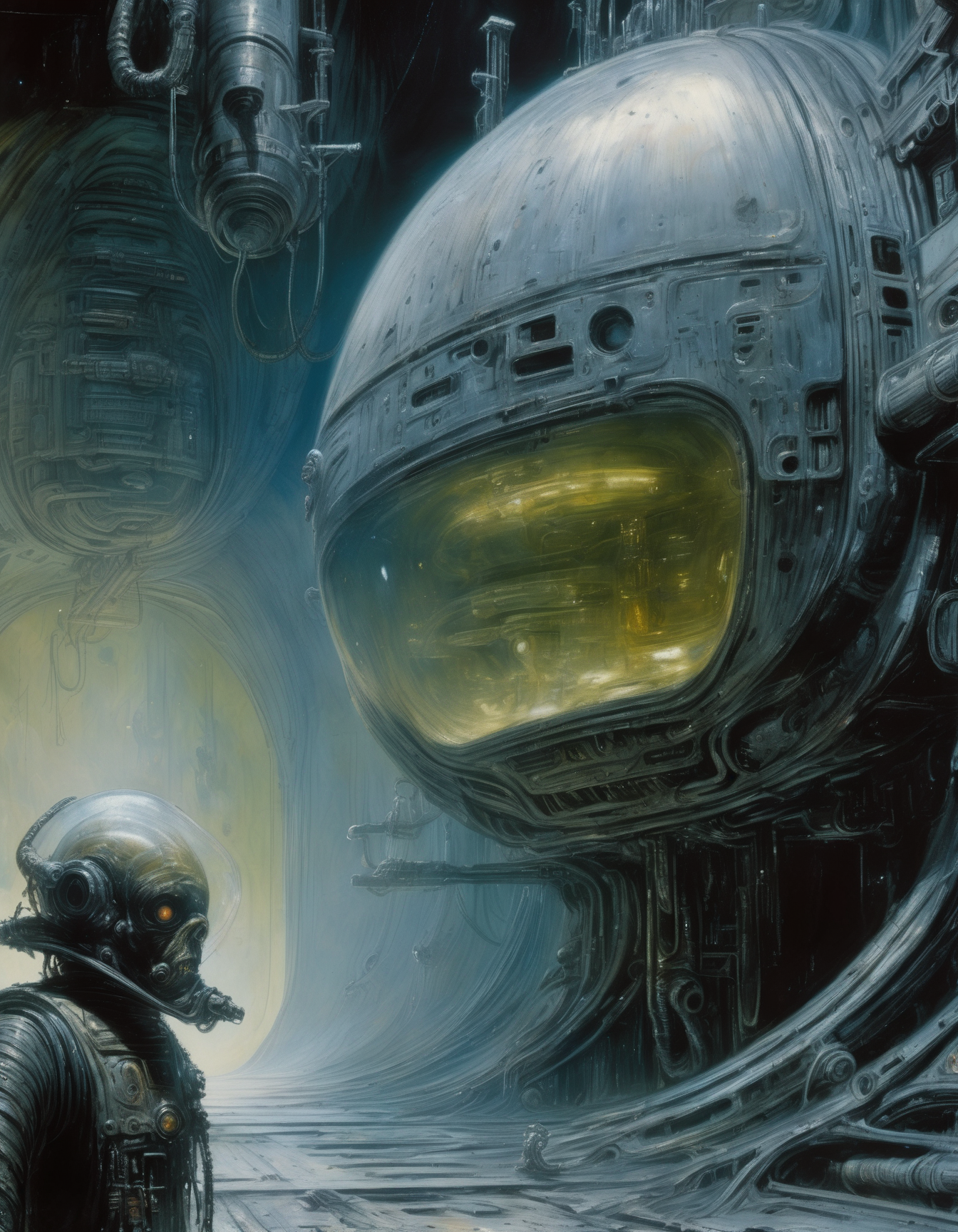 "Close-up, front-facing view of a scavenger, his face reflecting horror, within the chilling confines of a derelict space station. Sharp contrasts, lavishly intricate, drawing from H.R. Giger", surrealism, weird and pissed off, oil on canvas, dry brush, <lora:John Berkey Style:0.9>, John Berkey Style