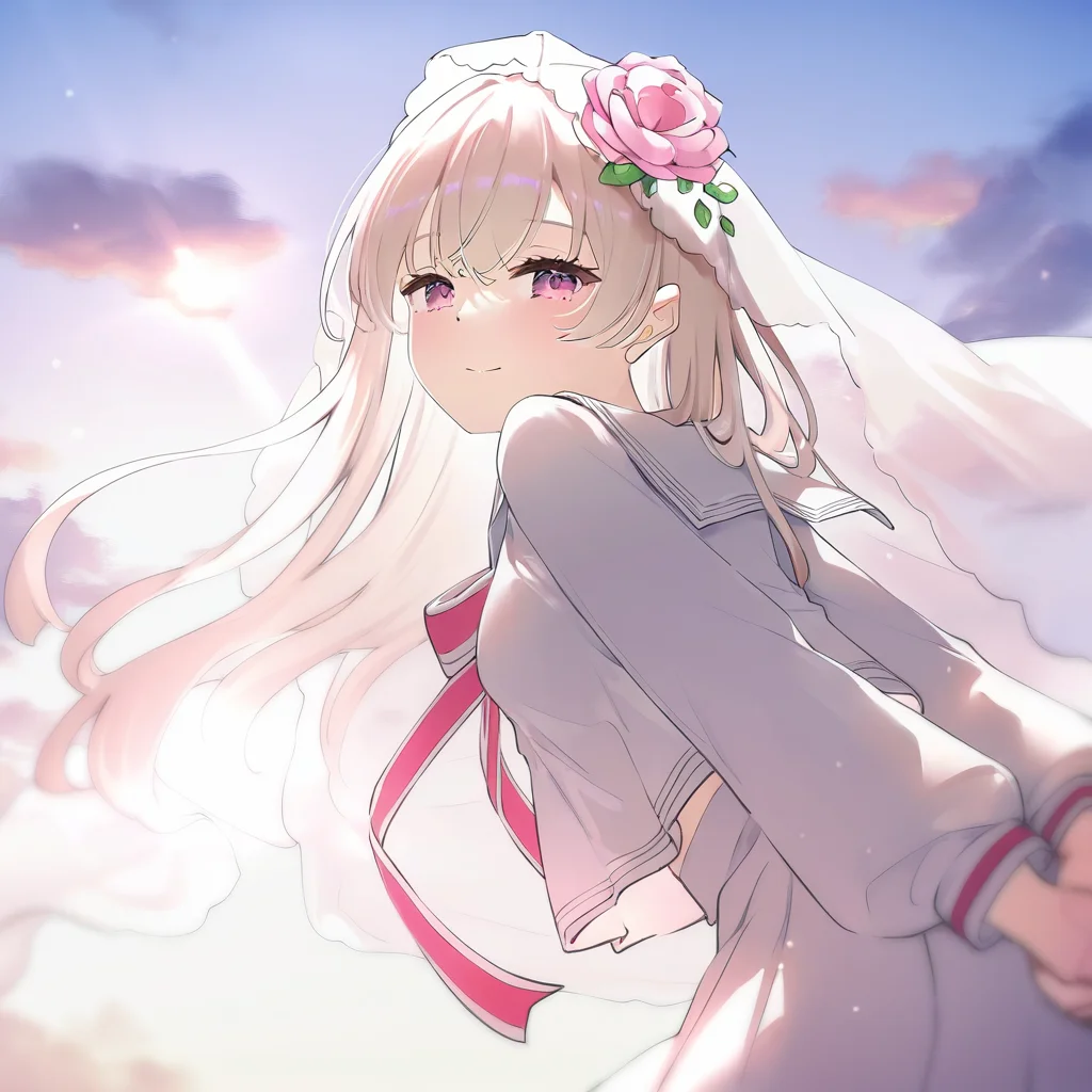masterpiece,best quality,newest,very aesthetic,absurdres,highres,newest,year 2024,year 2023,artist:konya_karasue,artist:hoji(hooooooooji1029),michiking,artist:ningen_mame,mignon,[artist:kani_biimu],artist:ogipote,artist:sy4,noyu_(noyu23386566),zero,<lora:zero_hikari:1>,hikari \(arcaea\),1girl,long hair,veil,pink eyes,bare legs,hair flower,bowtie,school uniform,sailor collar,bow,shirt,
from behind,looking back,sunlight,cloudy sky,arms behind back,semi closed eyes,light smile,bent over,