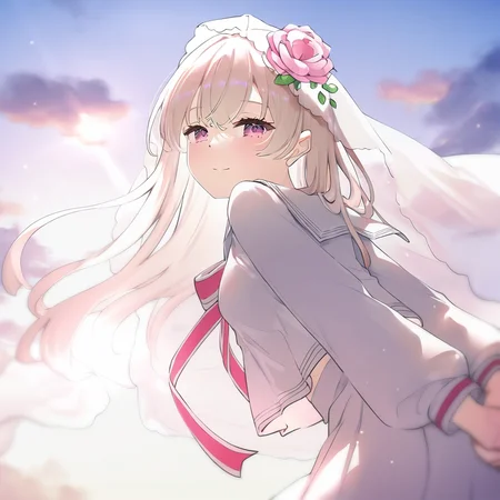 masterpiece,best quality,newest,very aesthetic,absurdres,highres,newest,year 2024,year 2023,artist:konya_karasue,artist:hoji(hooooooooji1029),michiking,artist:ningen_mame,mignon,[artist:kani_biimu],artist:ogipote,artist:sy4,noyu_(noyu23386566),zero,<lora:zero_hikari:1>,hikari \(arcaea\),1girl,long hair,veil,pink eyes,bare legs,hair flower,bowtie,school uniform,sailor collar,bow,shirt,
from behind,looking back,sunlight,cloudy sky,arms behind back,semi closed eyes,light smile,bent over,