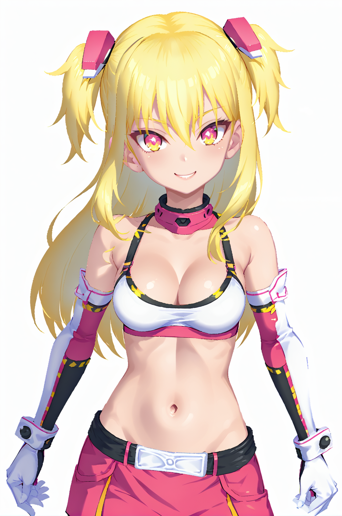 1girl, solo,
white background, smile,
spikaPangya, long hair, blonde hair, +_+, star-shaped pupils, multicolored eyes, yellow eye, pink eye,
starySet, hair ornament, bare shoulders, white knee boots, star print, belt, pink miniskirt, crop top, midriff, elbow  gloves, bra,
standing, upper body,
 <lora:spikaPangyaPonyV1.2-000005:0.92>
