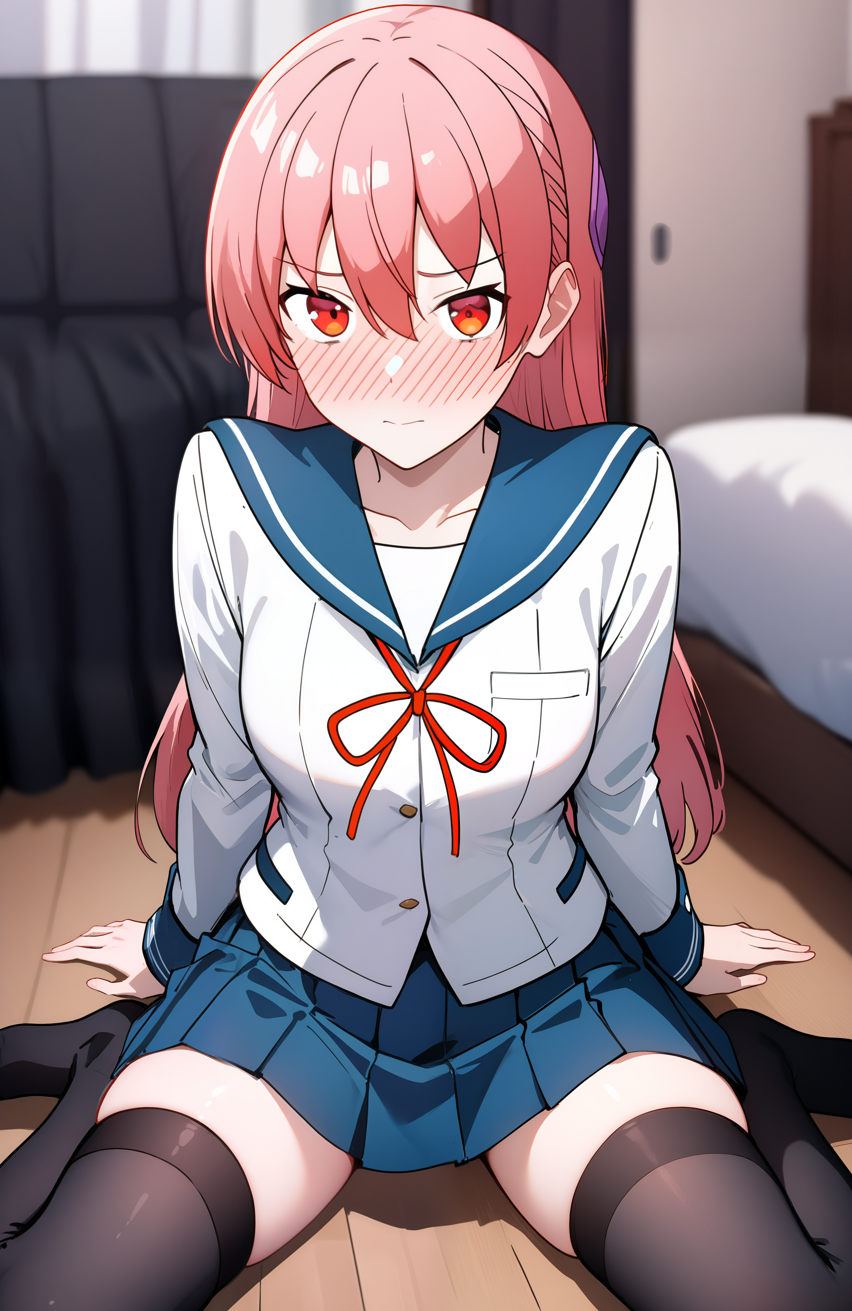 masterpiece,best quality,very aesthetic,absurdres,
1girl,tsukasa_yuzaki,long hair,pink hair,[red hair],red eyes,bangs,hair between eyes,blush,embarrassed,sitting,wariza,on floor,arm support,serafuku,school uniform,long sleeves,shirt,white shirt,sailor collar,blue sailor collar,ribbon,neck ribbon,red ribbon,skirt,blue skirt,pleated skirt,thighhighs,black thighhighs,indoors,bedroom background,bedroom photo,blurry background,looking at viewer,front view,<lora:TsukasaYuzaki_illu:1>,