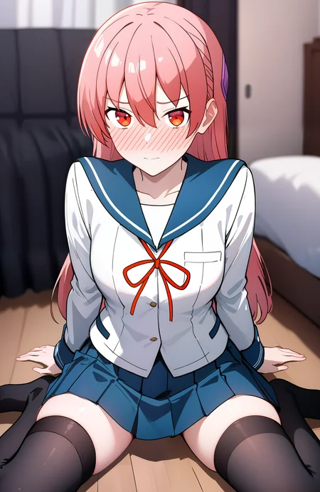 masterpiece,best quality,very aesthetic,absurdres,
1girl,tsukasa_yuzaki,long hair,pink hair,[red hair],red eyes,bangs,hair between eyes,blush,embarrassed,sitting,wariza,on floor,arm support,serafuku,school uniform,long sleeves,shirt,white shirt,sailor collar,blue sailor collar,ribbon,neck ribbon,red ribbon,skirt,blue skirt,pleated skirt,thighhighs,black thighhighs,indoors,bedroom background,bedroom photo,blurry background,looking at viewer,front view,<lora:TsukasaYuzaki_illu:1>,