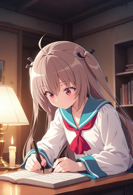 masterpiece,best quality,amazing quality, atri, long hair, brown hair, red eyes, 1girl, solo, school uniform, ahoge, writing, indoors, lamp, serafuku, two side up, book, candle, long sleeves, pen