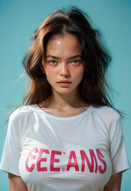 score_9, score_8_up, score_7_up, horny facial expression, green eyes, looking at viewer,
casual t shirt, "Mommy's Milker" writing on the shirt, v neck, 40GG cup Breasts, massive breasts size, natural breasts shape, (JDMAI_ARIEL_SARI), pureerosface_v1,
(dynamic lighting), (dynamic shadow), 4k, HD, Hi res, cinematic masterpiece, photographic masterpiece, bust shot, focus on face
(simple turquoise background), (blurry background), (sharp focus on object),