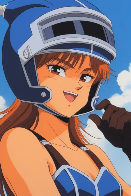 masterpiece, best quality, source_anime,official art,perfect_anatomy,1990s_\(style\),retro_artstyle,1girl,Daisy,brown_hair,long_hair,cleavage,armor,bare_shoulder,gloves,blue_legwear,helmet,(detailed face,looking_at_viewer,smile,open_mouth),upper_body,blue_sky,cloud