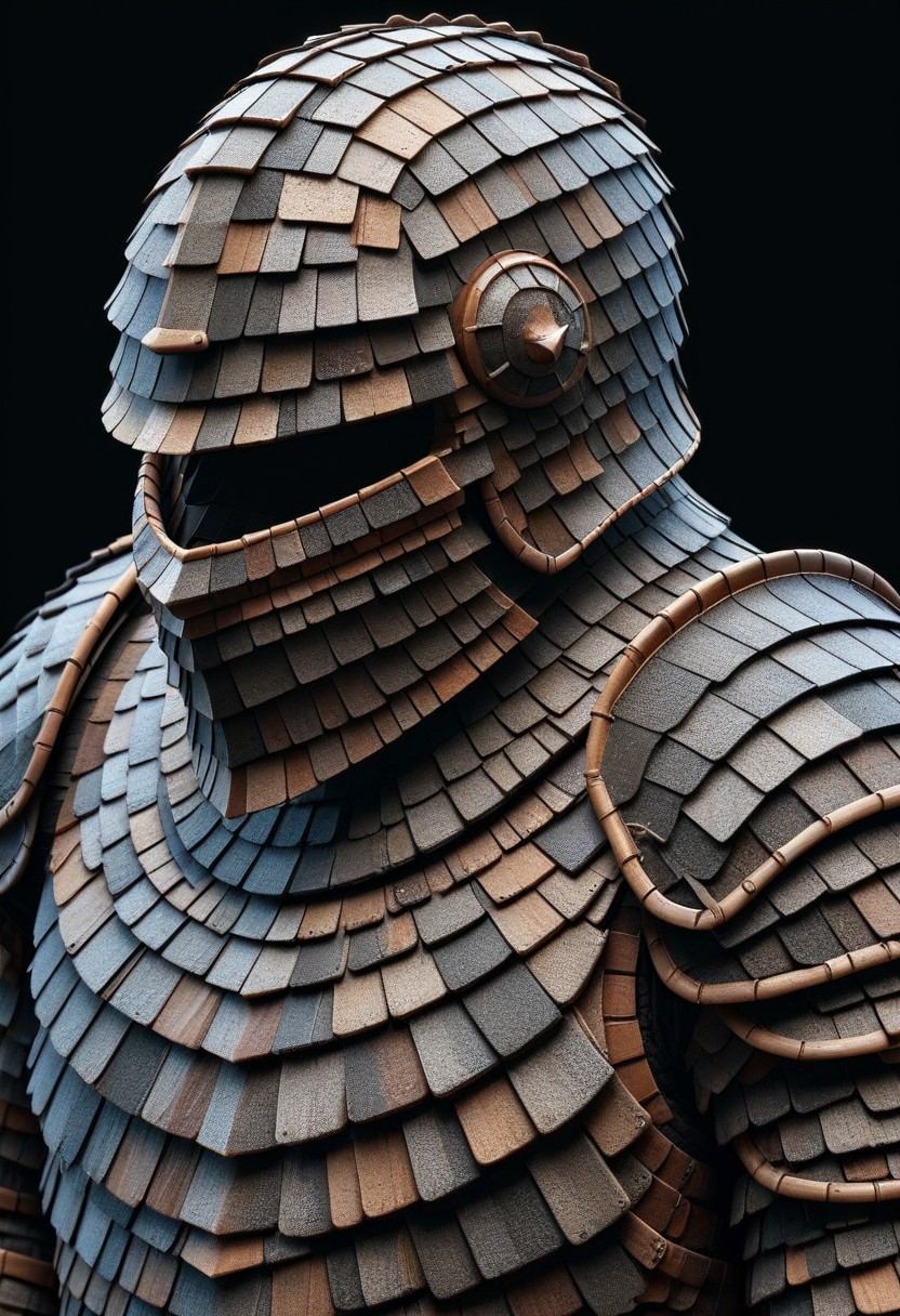 detailed, realistic, 8k uhd, high quality, masterpiece, mad-shingles, knight, knight armor made of shingles, helmet, black background