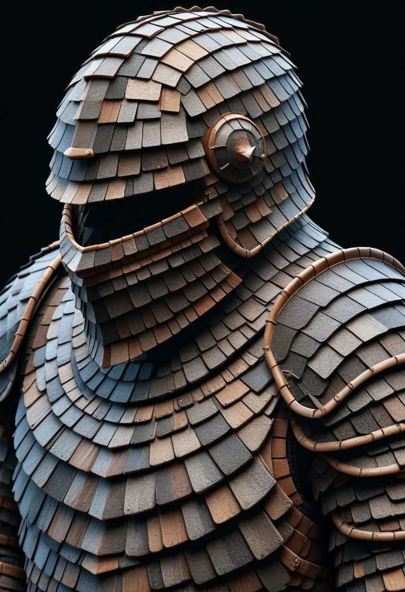 detailed, realistic, 8k uhd, high quality, masterpiece, mad-shingles, knight, knight armor made of shingles, helmet, black background
