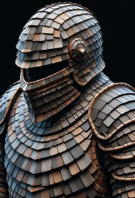detailed, realistic, 8k uhd, high quality, masterpiece, mad-shingles, knight, knight armor made of shingles, helmet, black background