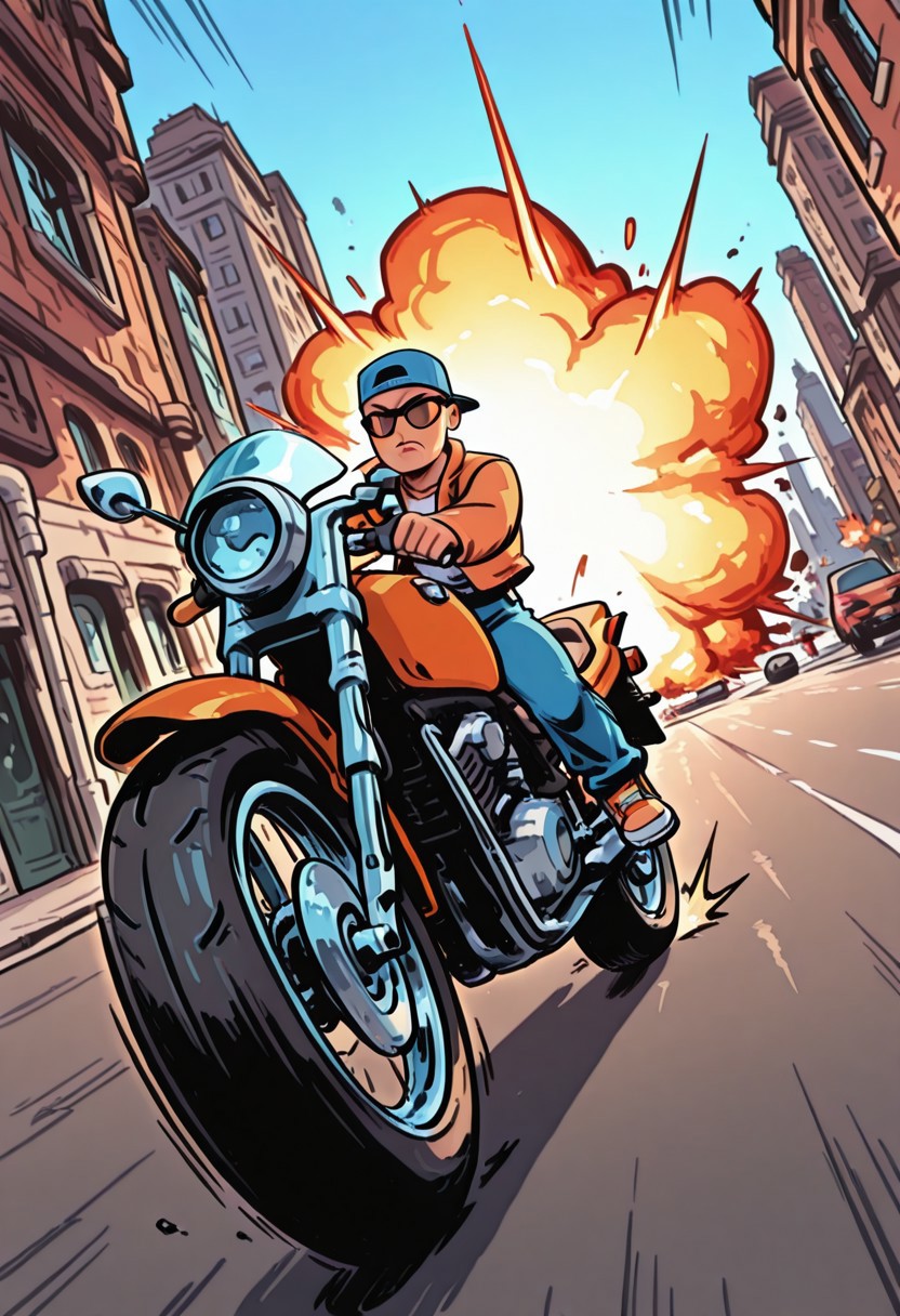 1man, close up, full body, backwards cap, sunglasses, riding a motorcycle, dynamic angle, dynamic lighting, action shot, speed lines, standing, street, city street, daylight, explosions, kaiju attack, shtrips