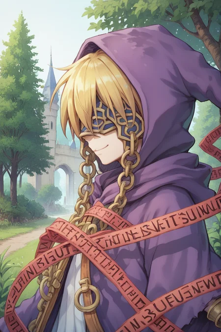 (score_9, score_8_up, score_7_up, score_6_up), source anime, BREAK, solo, <lora:Nessiah-000013:0.85> , nesdef, 1boy, blonde hair, mask, covered eyes, hooded robe, hood up, robe, purple robe, caution tape, red caution tape, chain, cuffs, exterior, forest, trees, fortress, castle, (from side), (profile), smile, closed mouth, <lora:zy_Detailed_Backgrounds_v1:0.5> , detailed background, highly detailed, <lora:backgroundsetXL:0.4> , background, <lora:m4gXLP:0.6> , m4g,