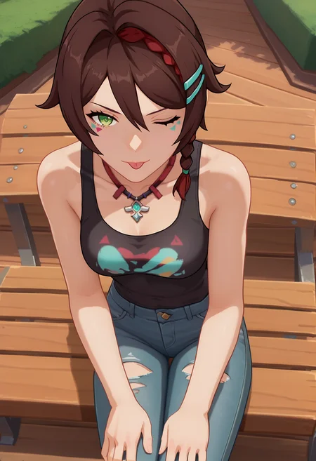 score_9, score_8_up, score_7_up, anime screencap, source_anime, 1girl, solo,
<lora:Chuychu_Genshin_Impact_V1:.75>, KJOchuychu, brown hair, green eyes, hair between eyes, braided ponytail, hairclip, facial mark,
black tank top, jeans, torn legwear,
sitting, on bench, hands between legs, smirk, tongue out, one eye closed, looking at viewer, from above, head tilt,
day, park,
(Beautiful, medium Breasts:1.2), natural breasts,