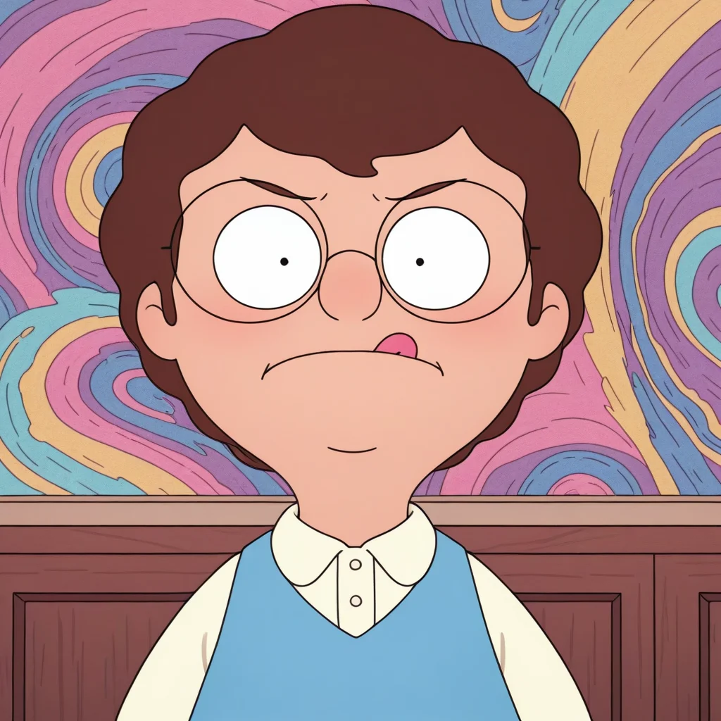 toon \(style\), break ((masterpiece, colorful, detailed background, absurdres, amazing quality, best quality)), <lora:mrfrond-v5:0.75> (bb-mfminor), 1boy, toddler, glasses, tongue out, closed mouth, annoyed, upper body,