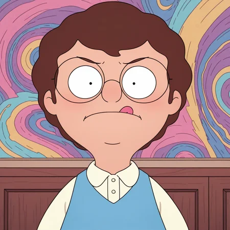 toon \(style\), break ((masterpiece, colorful, detailed background, absurdres, amazing quality, best quality)), <lora:mrfrond-v5:0.75> (bb-mfminor), 1boy, toddler, glasses, tongue out, closed mouth, annoyed, upper body,