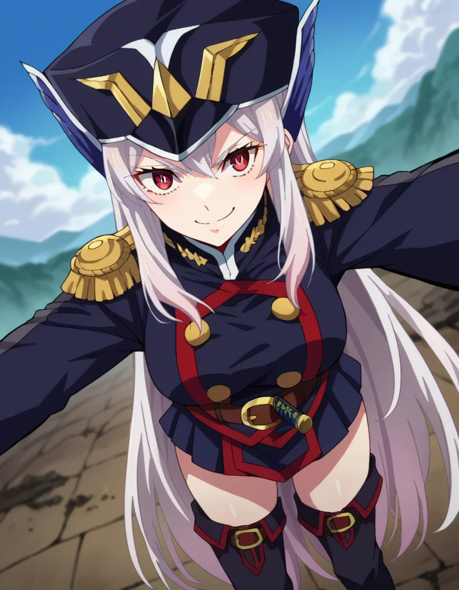 score_9, score_8_up, score_7_up, source_anime,
kyoukauzen, <lora:kyouka-uzen-s1-ponyxl-lora-nochekaiser:1>
kyouka uzen, long hair, red eyes, very long hair, white hair,
thighhighs, gloves, hat, boots, belt, sword, uniform, zettai ryouiki, military, military uniform, thigh boots, shako cap,
outdoors, wasteland, bent over, smile,
looking at viewer, cowboy shot, dutch angle, solo,