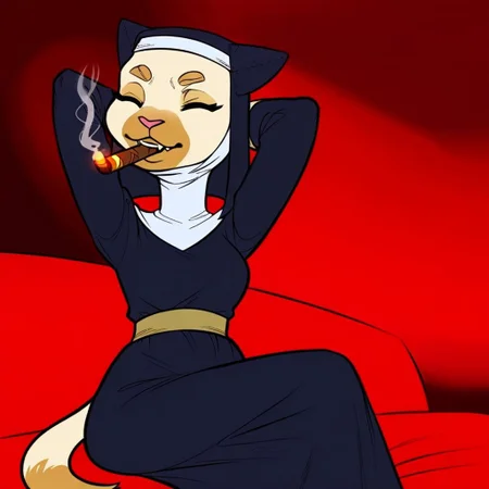 score_9, score_8_up, score_8, score_7, source_cartoon, source_furry, easynegative, ng_deepnegative_v1_75t, Siamese cat, cat, anthro, female furry, light brown and white fur, Nun outfit, smoking, cigar in mouth, sitting on couch, hands behind head, relaxed, grinning, eyes closed