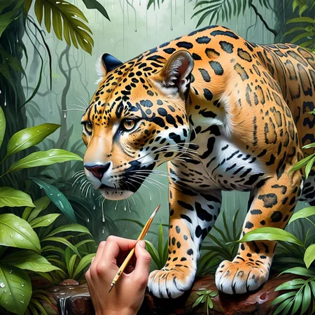 Artist half finished coloring a pencil sketch with watercolors, of a jaguar in the brushes of a rain forest  looking for prey, (artist's hand in the image painting with a brush), (pastel colors)