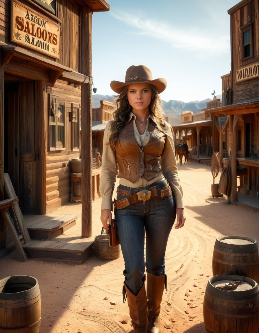 A strong and confident woman dressed in classic Wild West attire stands in the foreground of a dusty Western town. She wears a wide-brimmed leather cowboy hat, a fitted suede vest over a long-sleeved button-up shirt, and rugged brown chaps over denim jeans. A gun belt with a holster rests on her hips, and her boots are worn from travel. Her long, wavy hair flows in the desert breeze, and she has a determined yet mysterious expression, with piercing eyes and a slight smirk. Behind her, the old Western town features a wooden saloon with swinging doors, a sheriffâs office, and a general store with a weathered sign. Horses are tied to wooden posts, and a few cowboys are seen walking in the distance. The sky is a warm blend of orange and gold, hinting at sunset, casting long dramatic shadows across the dusty street. The image captures the essence of the Wild West with a cinematic, photorealistic style, full of rich textures and atmospheric lighting.
<lora:SDXLFaeTastic2400:0.4> <lora:extremely_detailed:0.4> extremely detailed, <lora:Western_v1ll4g3:1>,Western v1ll4g3, Masterpiece,best quality,hi res,8k,hi res,8k,award winning,(sharp focus, intricate, highly detailed),