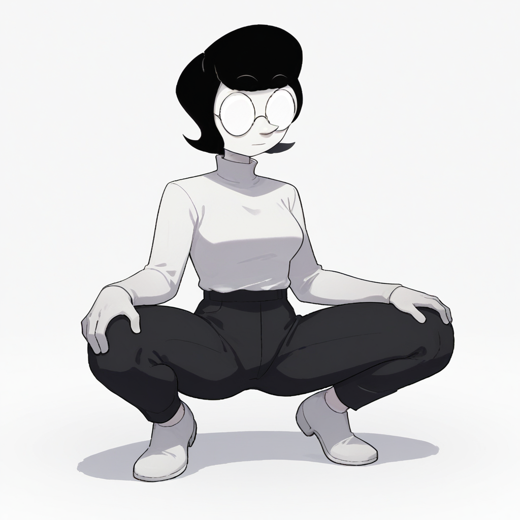 score_9_up, score_8_up, BREAK, SusanHeffley, 1girl, solo, short hair, black hair, white skin, round eyewear, opaque glasses, white turtleneck, black pants, white footwear,  <lora:SusanHeffley_PXL_Leaf1:1>, white background, squatting, spread legs,