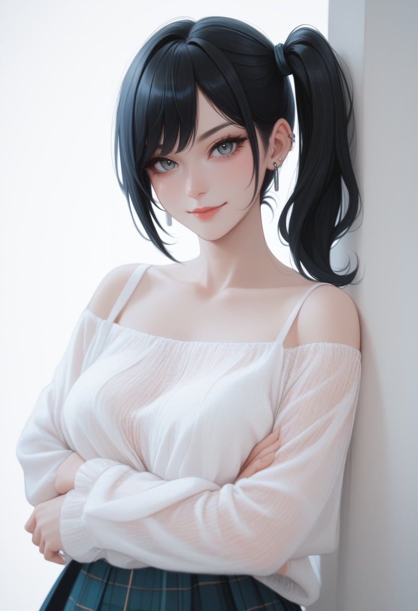 score_9, score_8_up, score_7_up, best quality,
1girl, sw34ter,  outfit1, off shoulder, sk998 skirt,   grey eyes, eyelashes, side ponytail, looking at viewer, 
seductive smile,ear piercing,
Arms crossed over the chest looking serious ,
white background,
 <lora:998sk outfit Ponyv3:1>