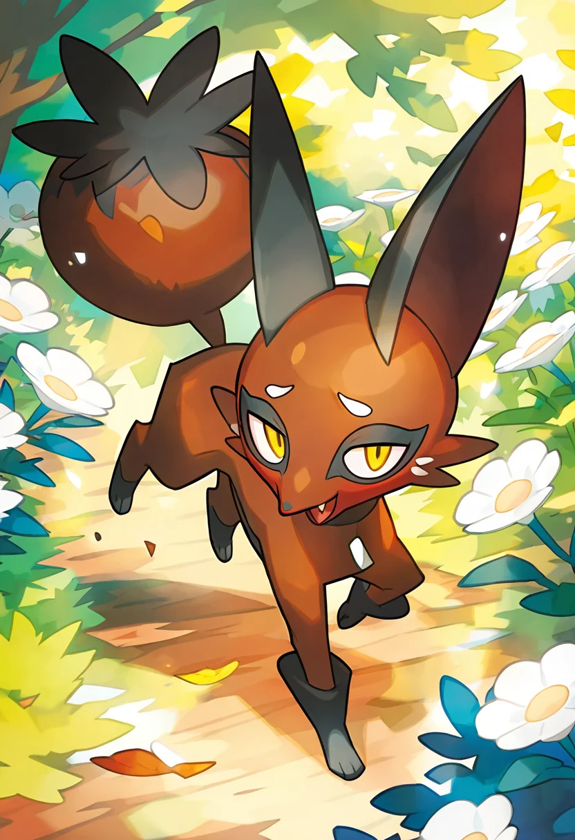 masterpiece, best quality, 1girl, solo, eyelashes, (beautiful eyes), looking at viewer, smile, zzNickit, flower, full body, official art, pokemon tcg, saitou naoki, third-party source, yellow eyes, open mouth, standing, outdoors, day, fang, leaf, grass, white flower, running, <lora:NickitPokedex_IXL_v1:1.0>,
