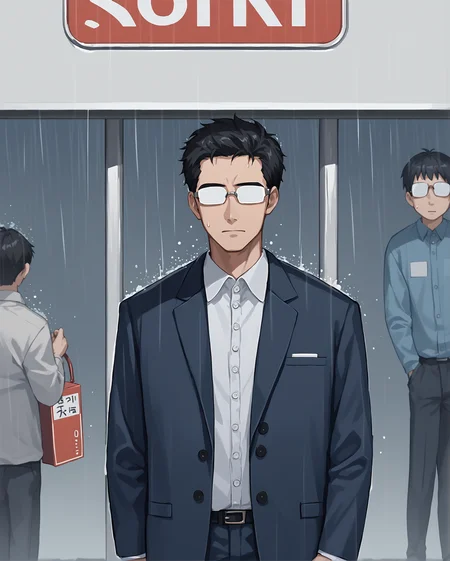 score_9, score_8_up, score_7_up, source_anime BREAK 1boy, businessman's haircut, polo shirt, opaque glasses standing, middle aged male, black hair, bus stop, street, raining, <lora:Opaque_glasses_r1:1>, rating_questionable