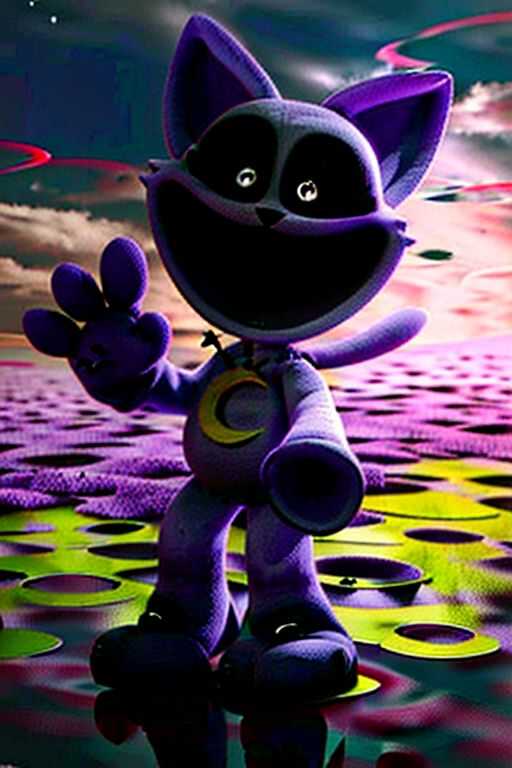 solo, male, smiling critters, CatNap \(poppy playtime\), feline, purple fur, cheek tuft, crescent moon, necklace, full-length portrait, smile, open smile, white pupils, black sclera, claws, long tail, pawpads, slim, tall, girly, floating, flying, masterpiece, extreme detail, simple background, plantigrade, feetpaws, plushie, stitch \(sewing\), dream like, 4K resolution