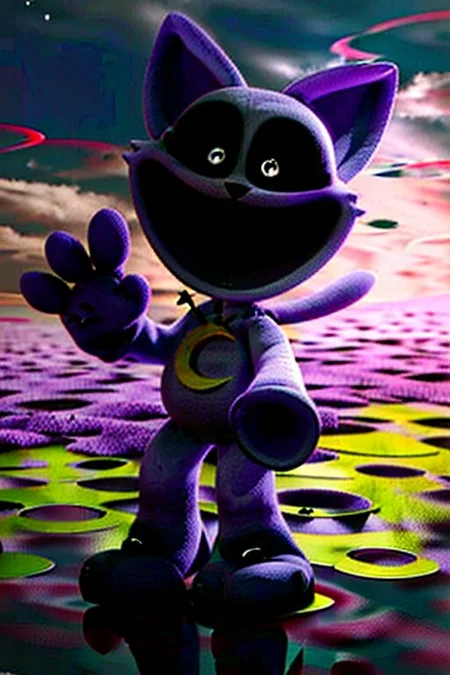 solo, male, smiling critters, CatNap \(poppy playtime\), feline, purple fur, cheek tuft, crescent moon, necklace, full-length portrait, smile, open smile, white pupils, black sclera, claws, long tail, pawpads, slim, tall, girly, floating, flying, masterpiece, extreme detail, simple background, plantigrade, feetpaws, plushie, stitch \(sewing\), dream like, 4K resolution