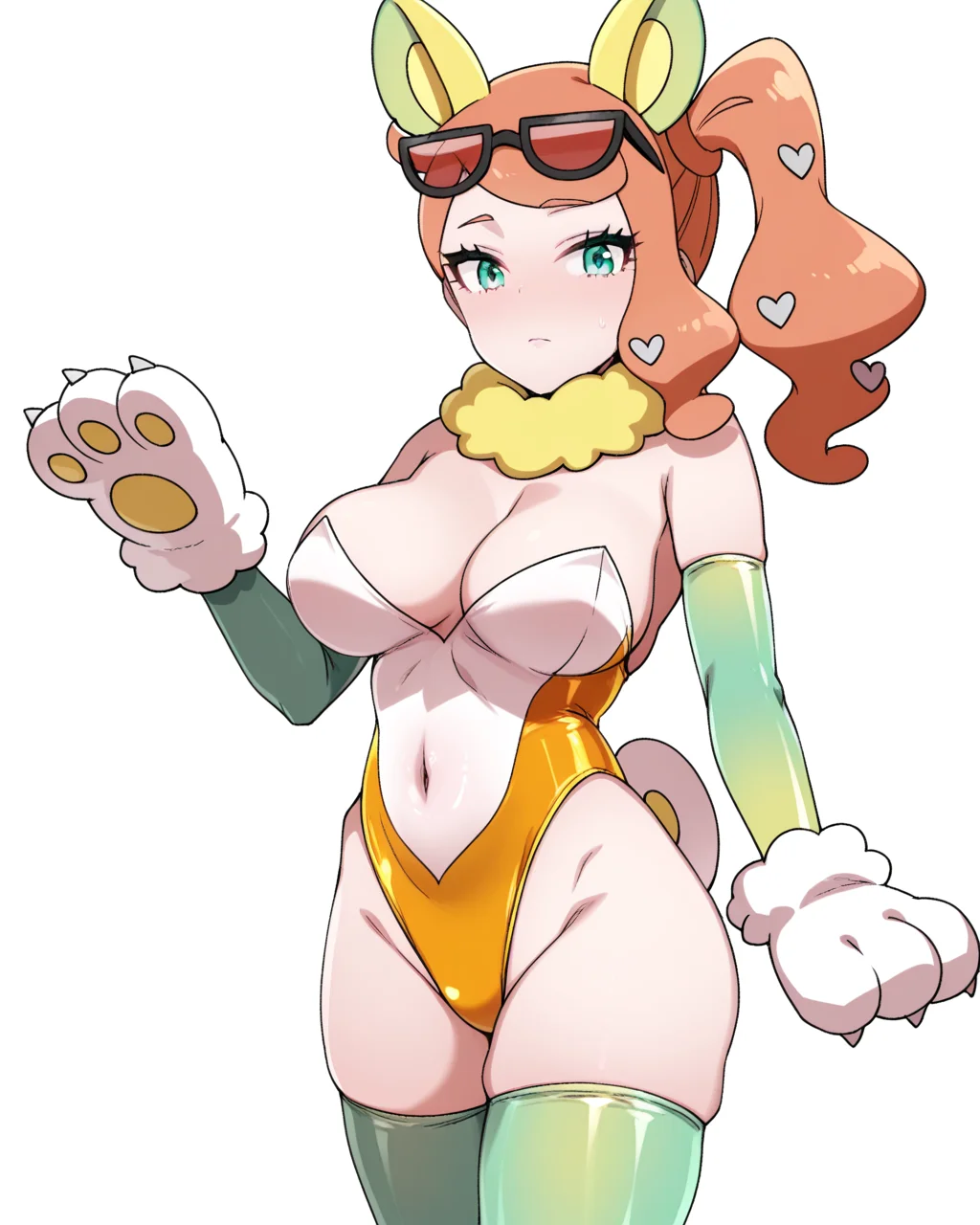 1girl, solo, sonia \(pokemon\),yamper \(cosplay\),animal ears,orange hair,heart hair ornament,side ponytail,sunglasses,green eyes, alternate costume, pokemon fusion, fusion, mind control,covered navel,paw gloves,green elbow gloves,orange leotard,green thighhighs,yellow fur,fur collar, kusano houki, looking at viewer, simple background, white background, masterpiece, best quality, very aesthetic, absurdres