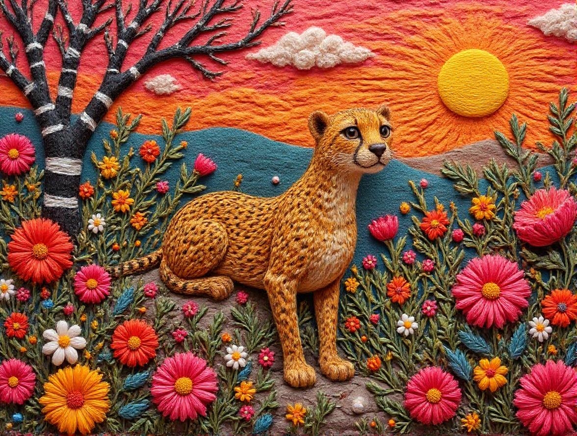 <lora:YarneyYarnYarnv2.safetensors:1>  Pop art meets surrealist abstraction, rendered in glossy, high-contrast brilliance. The cheetah, now a geometric marvel, is fragmented into bold, saturated shapes—vivid yellows, blacks, and whites form its spots, while its body is a fluid amalgamation of organic curves and sharp angles. The animal’s tail spirals into a checkerboard pattern, blending seamlessly into the chaotic yet deliberate composition. Surrounding the cheetah, abstract bushes and flowers explode in primary reds, oranges, and greens, their forms both geometric and fluid, creating a living collage of vibrant energy. The wintry trees are reimagined as stark black-and-white stripes, their bare branches twisting into glossy, reflective surfaces. The sunset sky is a gradient of deep crimson to neon orange, with a radiant yellow sun fractured into clean-edged polygons. Scattered white flowers are transformed into glossy, high-contrast orbs, adding texture and depth. The entire scene is bathed in controlled, bright lighting, emphasizing the polished, reflective surfaces and creating a dynamic, avant-garde atmosphere. The mystical serenity of nature is redefined into a playful, high-energy aesthetic, where every element interacts yet remains distinct and eye-catching.