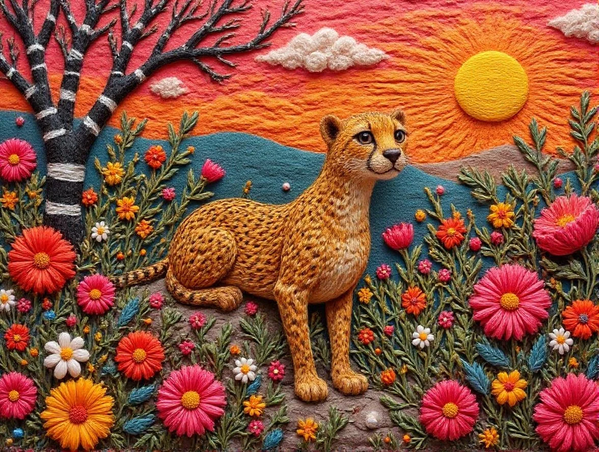 <lora:YarneyYarnYarnv2.safetensors:1> Pop art meets surrealist abstraction, rendered in glossy, high-contrast brilliance. The cheetah, now a geometric marvel, is fragmented into bold, saturated shapes—vivid yellows, blacks, and whites form its spots, while its body is a fluid amalgamation of organic curves and sharp angles. The animal’s tail spirals into a checkerboard pattern, blending seamlessly into the chaotic yet deliberate composition. Surrounding the cheetah, abstract bushes and flowers explode in primary reds, oranges, and greens, their forms both geometric and fluid, creating a living collage of vibrant energy. The wintry trees are reimagined as stark black-and-white stripes, their bare branches twisting into glossy, reflective surfaces. The sunset sky is a gradient of deep crimson to neon orange, with a radiant yellow sun fractured into clean-edged polygons. Scattered white flowers are transformed into glossy, high-contrast orbs, adding texture and depth. The entire scene is bathed in controlled, bright lighting, emphasizing the polished, reflective surfaces and creating a dynamic, avant-garde atmosphere. The mystical serenity of nature is redefined into a playful, high-energy aesthetic, where every element interacts yet remains distinct and eye-catching.