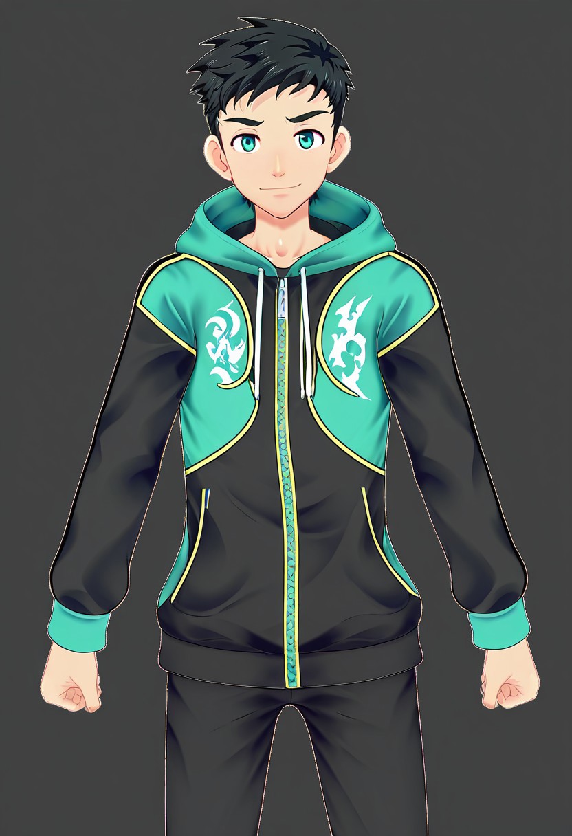 harmard, black hair, short hair, aqua color eyes, 1boy, solo, solo focus, jacket, black pants, young, mikkoukun