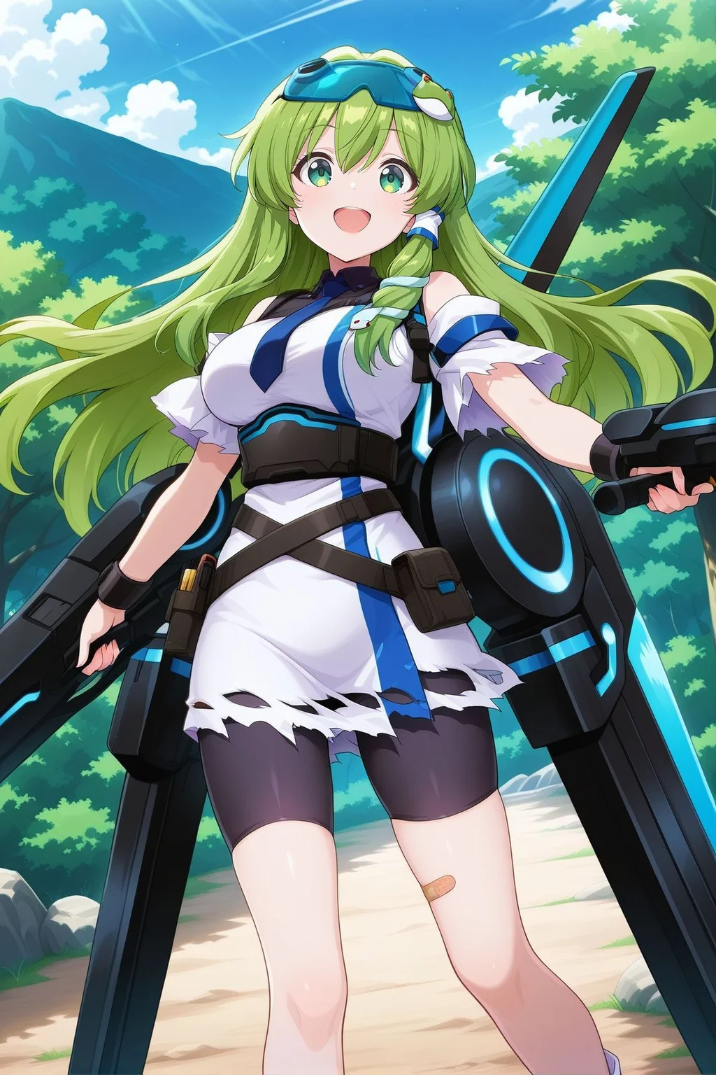 absurdres, highres, masterpiece, best quality, amazing quality, official anime artwork, screencap, anime screencap, outdoors, looking at viewer, dynamic pose, open mouth, smile, 
 <lora:Sanae-Kochiya_IllustriousV2:1> kochiya sanae, 1girl, solo, green eyes, green hair, long hair, snake hair ornament, kochiya sanae \(lunar war oracle\), alternate costume, goggles on head, blue goggles, blue necktie, white shirt, short sleeves, detached sleeves, torn sleeves,black shorts, bike shorts, bandaid on leg, torn clothes, flight pack, pouch, holding cannon, skinny,