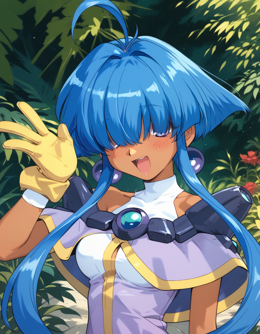 cacao, long_bangs, hair over eyes, long hair, short hair with long locks, blue hair, sidelocks, dark-skinned female, ahoge, dark skin, thigh gap, medium breasts
earrings, jewelry, underwear, purple_dress, dress, white panties, yellow gloves, boots
1990s (style), retro artstyle,
<lora:cacao_lambda_pony_v1:1>
standing, dynamic pose ,
open mouth, blush,light smile
looking at viewer,(upper body, close-up:1.3),
outdoors,, masterpiece, best quality, score_9, score_8_up, score_7_up, best quapoty, highres, absurdres, source_anime, zPDXL2, 1girl,