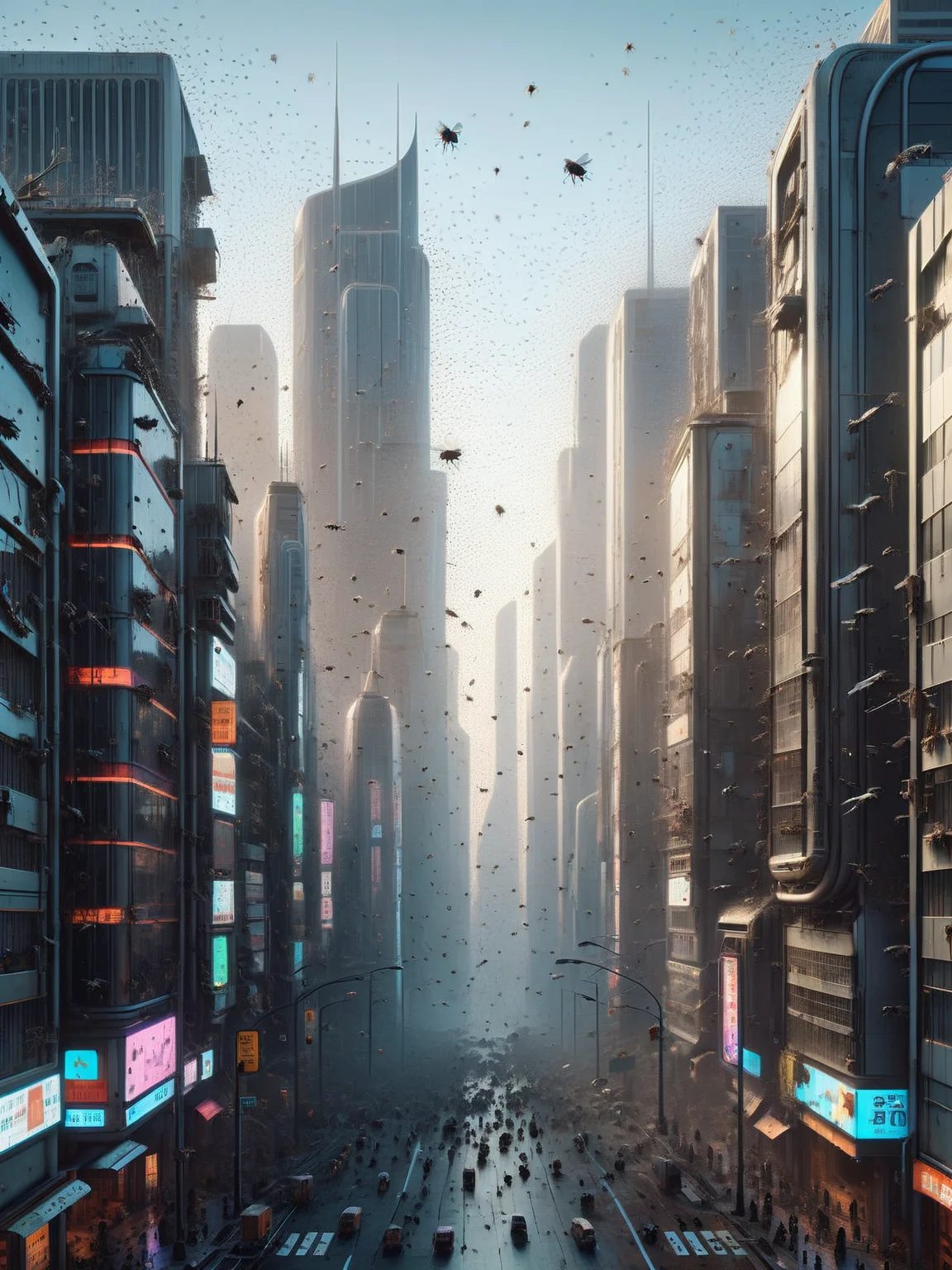 A bustling futuristic cityscape at twilight, with towering skyscrapers and neon lights reflecting off shiny surfaces, swarms of ais-flyz, creating a surreal and eerie atmosphere <lora:Flies_Style_SDXL:1>