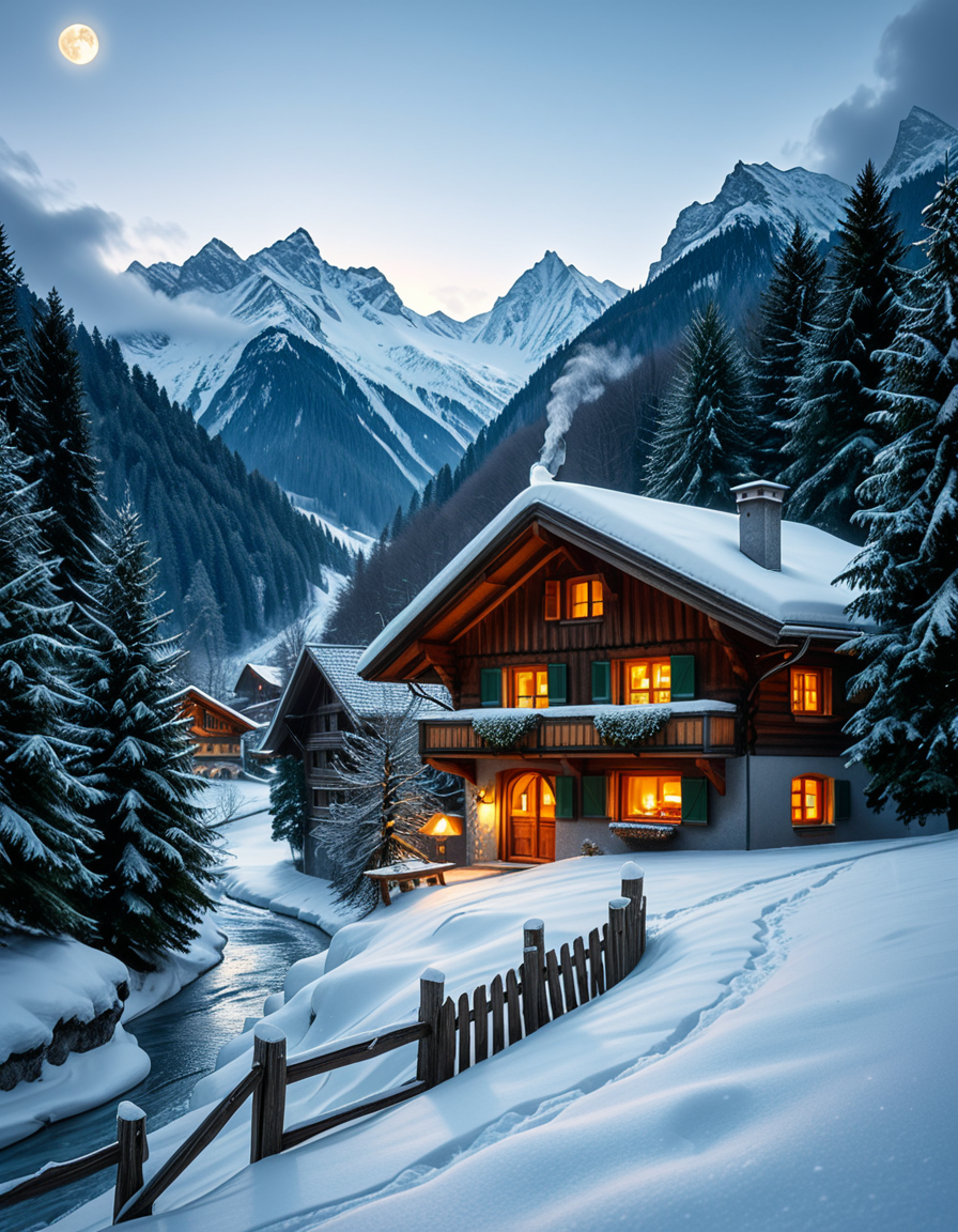 A stunning winter scene in the Tyrol region of Austria. A charming wooden chalet with traditional alpine architecture stands on a gentle snow-covered slope, surrounded by dense evergreen forests blanketed in fresh snow. The chaletâs warm interior lights glow softly through its large windows, creating a cozy contrast against the cool twilight hues of the sky. A plume of smoke drifts from the chimney, hinting at a roaring fireplace inside. In the foreground, a small wooden fence is partially buried under the snow, while a frozen river winds through the valley, reflecting the moonlight. Towering, snow-capped peaks of the Austrian Alps dominate the background, adding a breathtaking sense of grandeur. Snowflakes gently fall, adding movement and depth to the peaceful, picturesque scene. The image is hyper-realistic, capturing the intricate textures of the wood, snow, and ice, with cinematic lighting that highlights the magical winter ambiance.
<lora:SDXLFaeTastic2400:0.4> <lora:extremely_detailed:0.4> extremely detailed,<lora:winter_scene_in_the_Tyr0l:1>,winter scene in the Tyr0l, Masterpiece,best quality,hi res,8k,hi res,8k,award winning,(sharp focus, intricate, highly detailed),
