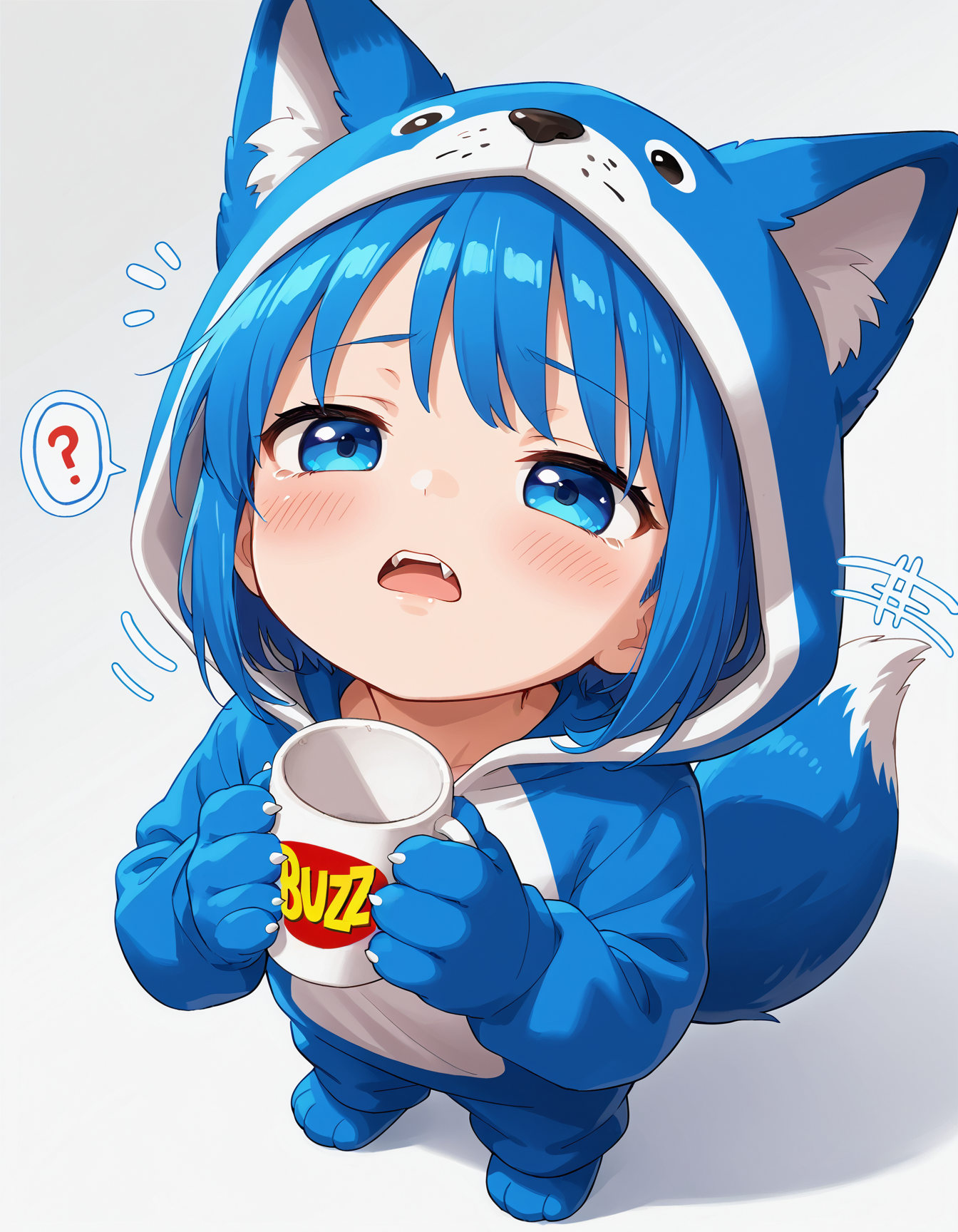 score_9, source_anime, source_furry,  

BREAK 1girl, happy, cute, petite, (chibi:0.65), young, blue hair, blue fox tail, blue animal ears, blush, blue kigurumi, hood down, animal costume, paw shoes, fangs, blue eyes,

BREAK solo, (from above:1.05), parted lips, standing, sad, half-closed eyes, holding cup, hopeless, (empty:1.15) cup, empty mug, head up, (head back, chin up:1.08), (beggar, begging:1.05), 

spoken interrogation mark, motion lines, (white background:1.1),