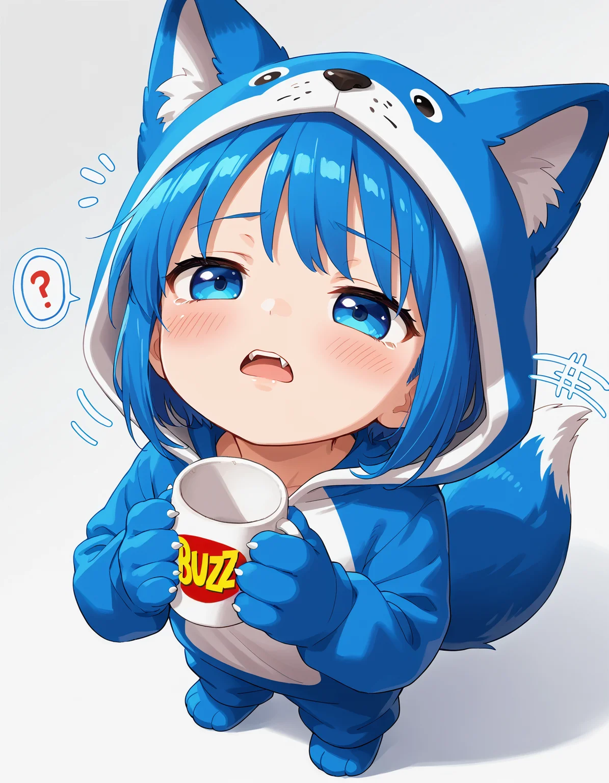 score_9, source_anime, source_furry,
BREAK 1girl, happy, cute, petite, (chibi:0.65), young, blue hair, blue fox tail, blue animal ears, blush, blue kigurumi, hood down, animal costume, paw shoes, fangs, blue eyes,
BREAK solo, (from above:1.05), parted lips, standing, sad, half-closed eyes, holding cup, hopeless, (empty:1.15) cup, empty mug, head up, (head back, chin up:1.08), (beggar, begging:1.05),
spoken interrogation mark, motion lines, (white background:1.1),
