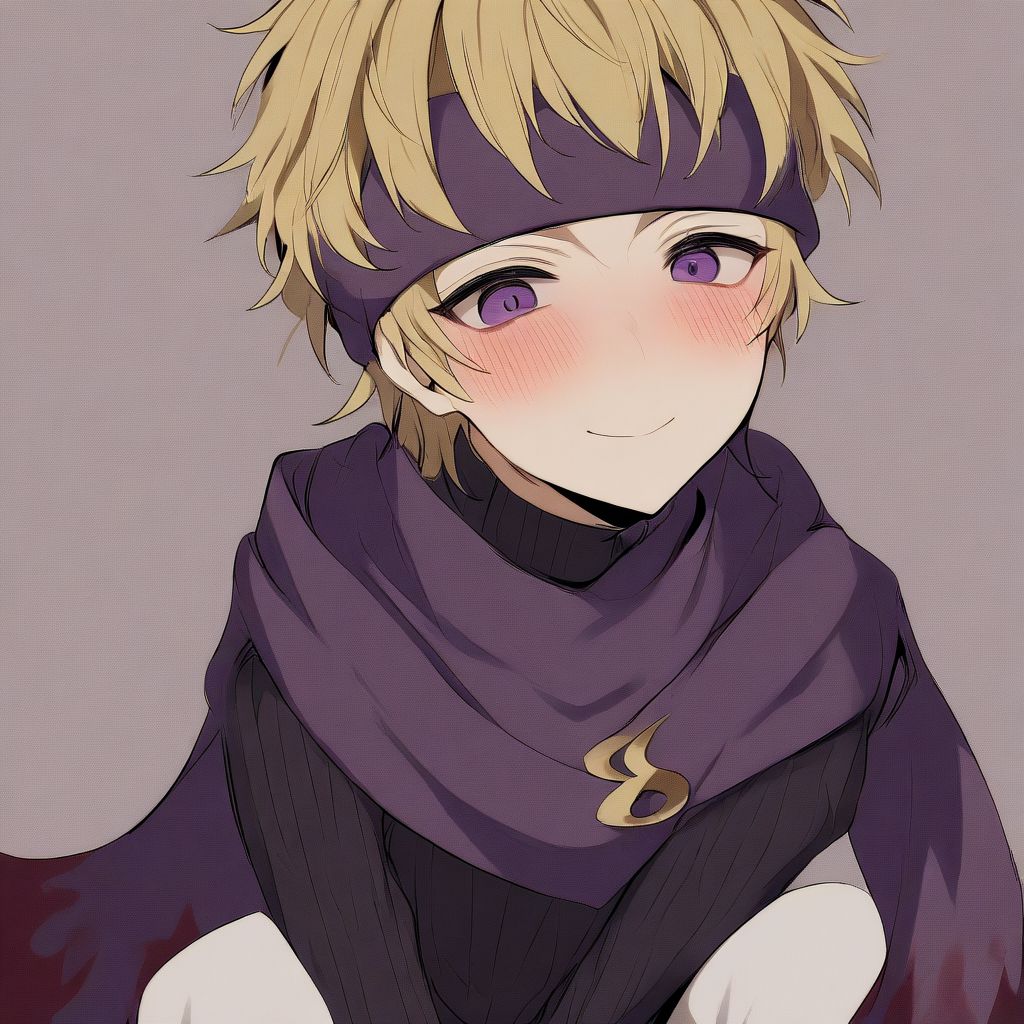 1boy, blonde hair, purple eyes, purple headband, purple scarf, black sweater, ribbed sweater, white pants, solo, best quality, high quality, very aesthetic, abusrdres, smile, blush